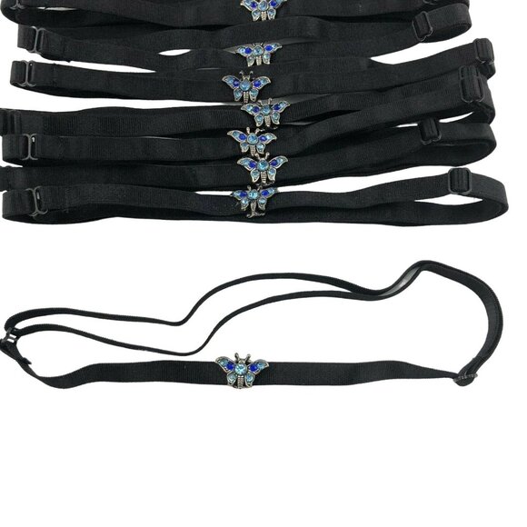 Set Of 12 Adjustable Black Elastic Butterfly Headbands Blue Rhinestone Accents - Picture 6 of 7